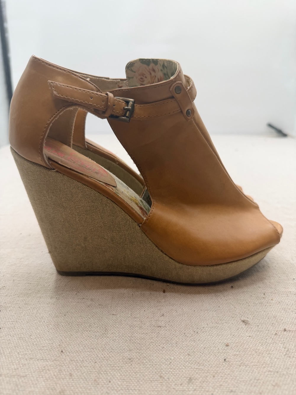 Unlisted Wedge Peep-Toe Ankle Strap Sandal in Tan